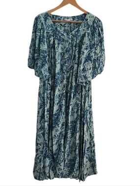 Go Softly Patio 100% Rayon Boho Midi Dress Women’s 3X Blue Floral Cottagecore